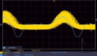 Measurement of 6SH2P tube Theremin phase-detector tube anode current & AF waveform voltage output (500us time-base, oscilloscope screen view)