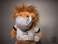 Goleo lion puppet wearing mask front view